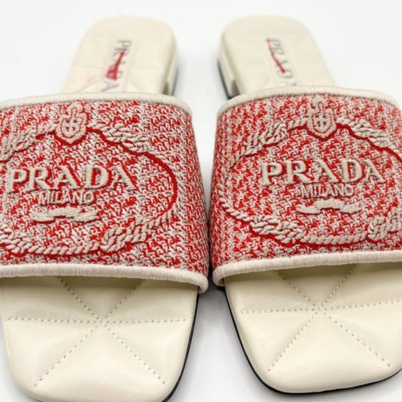 PRADA Logo Jacquard Slide Sandal White and Red Store Display Shoe - Picture 5 of 13